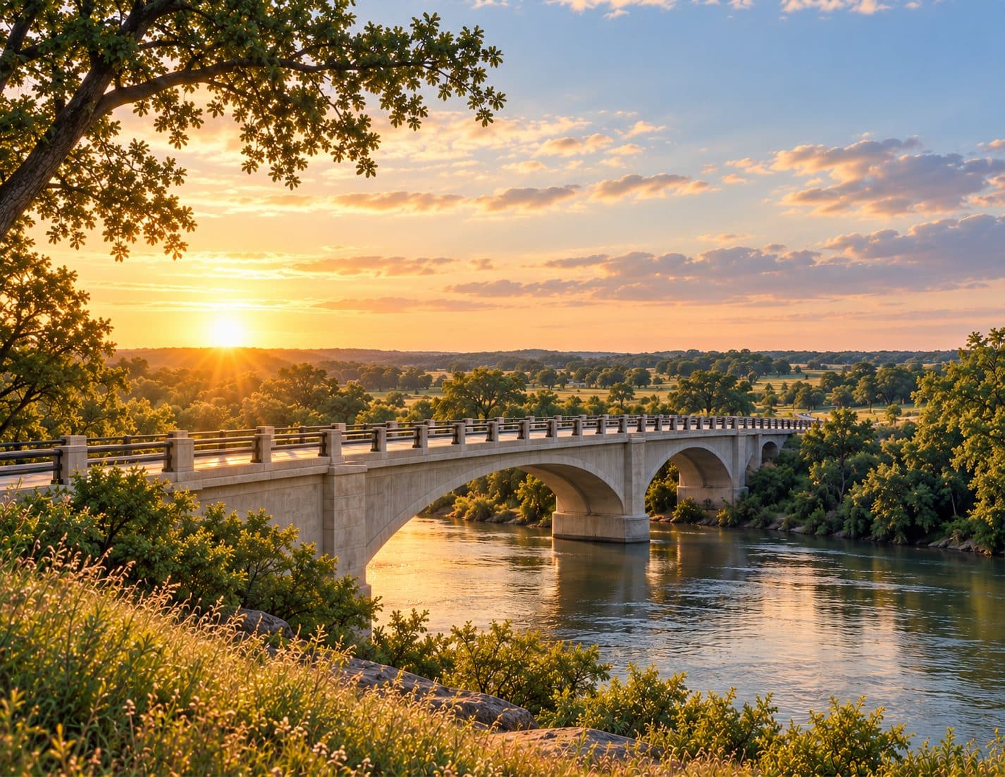 A bridge arching over a river at sunrise near Gonzales, Texas
